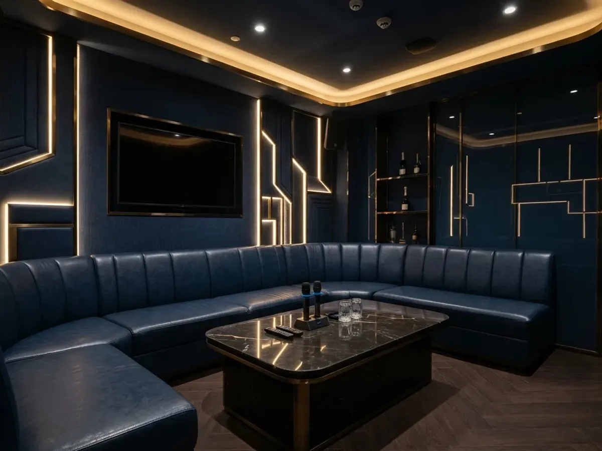 A quiet private karaoke suite with modern leather seating and dim ambient lighting without people
