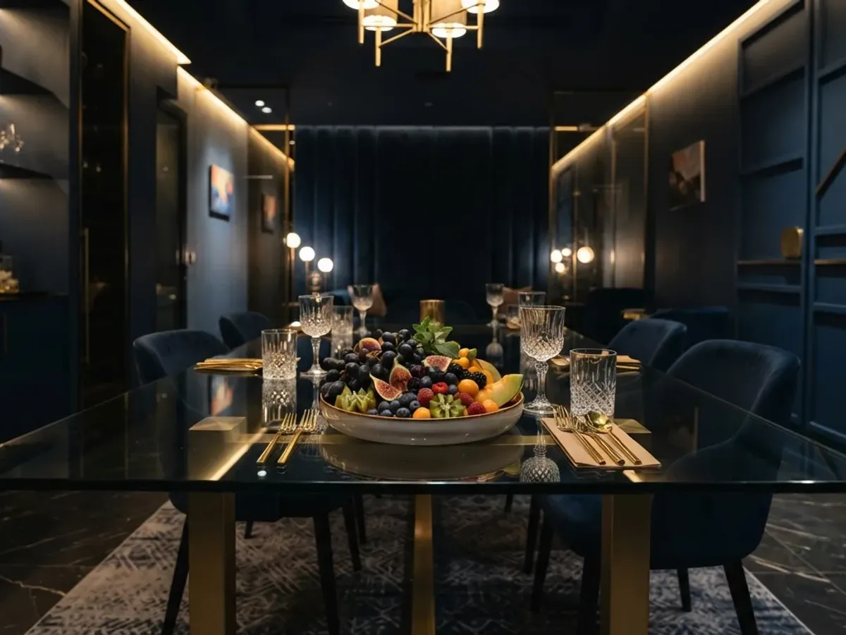 A modern dimly lit private room with a clean glass table, fruit platter and elegant ambient lighting