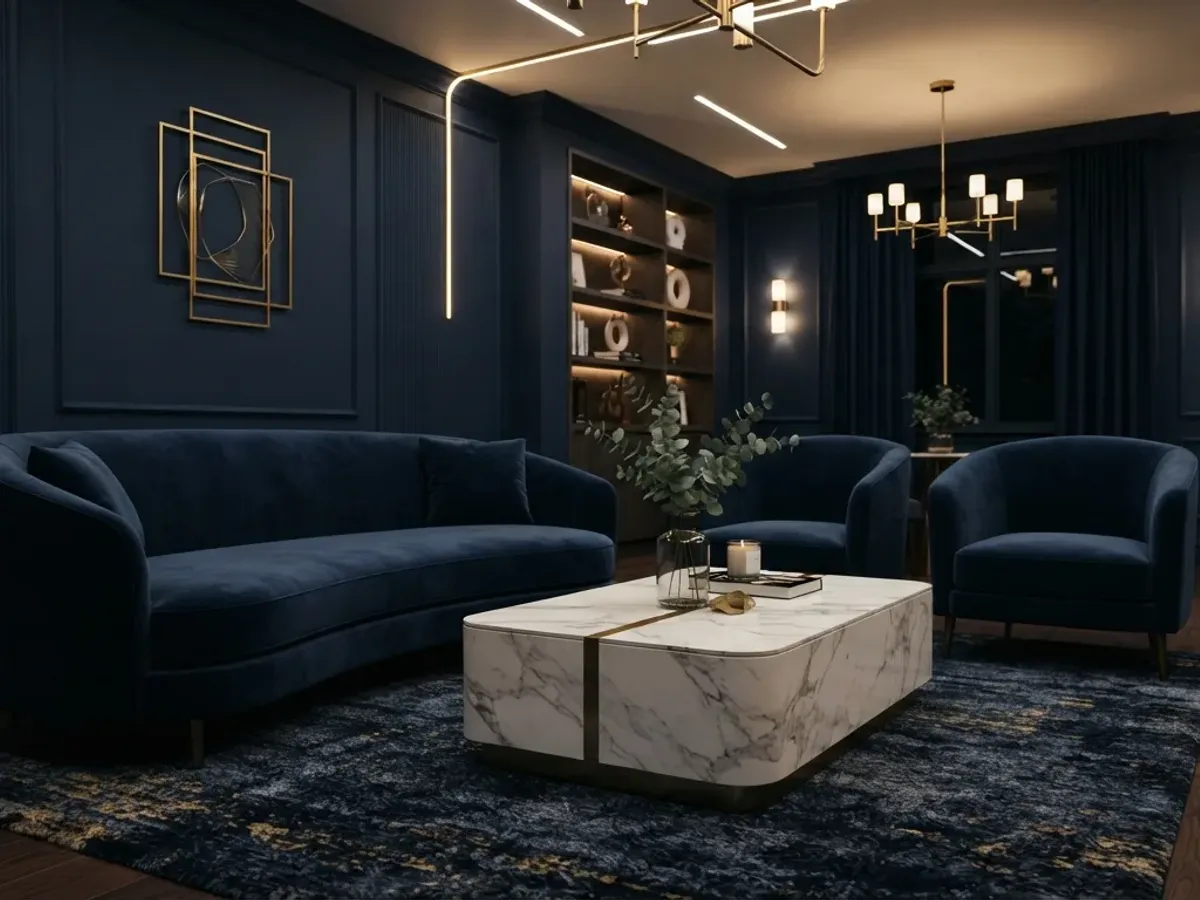 A quiet, neatly arranged lounge room with comfortable seating and subdued ambient lighting.